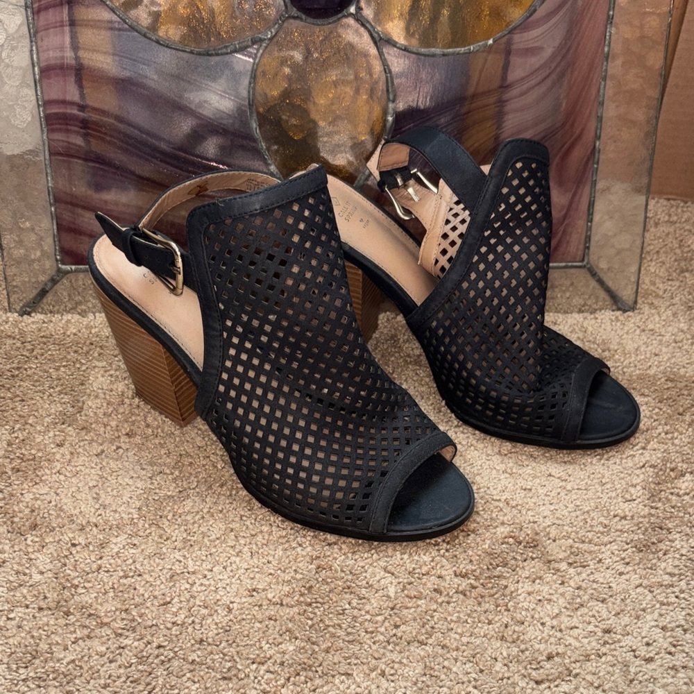 Call It Spring Black Perforated Peep-Toe Block Heel Slingbacks